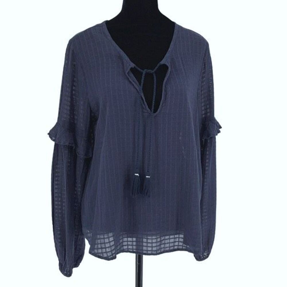 Splendid‎ Womens Blouson Long Sleeve Ruffle Tassel Peasant Blouse Top Navy Small
